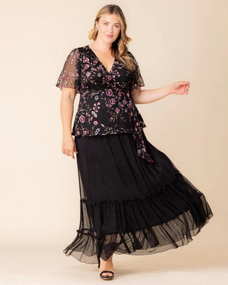 Isla Tiered Mesh Maxi Skirt in Black Noir