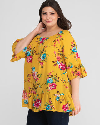Felicity Casual Plus Size Tunic Top in Yellow Floral Print