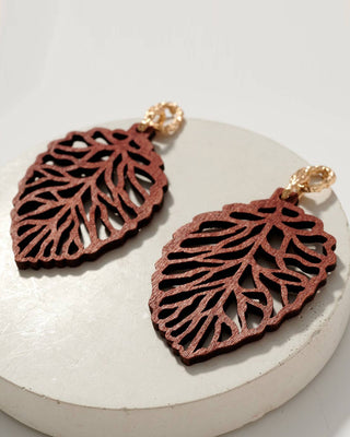 Wooden Leaf Drop Earrings by Avenue Zoe 