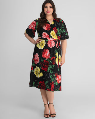 Melody Faux Wrap Dress in Black Floral Print