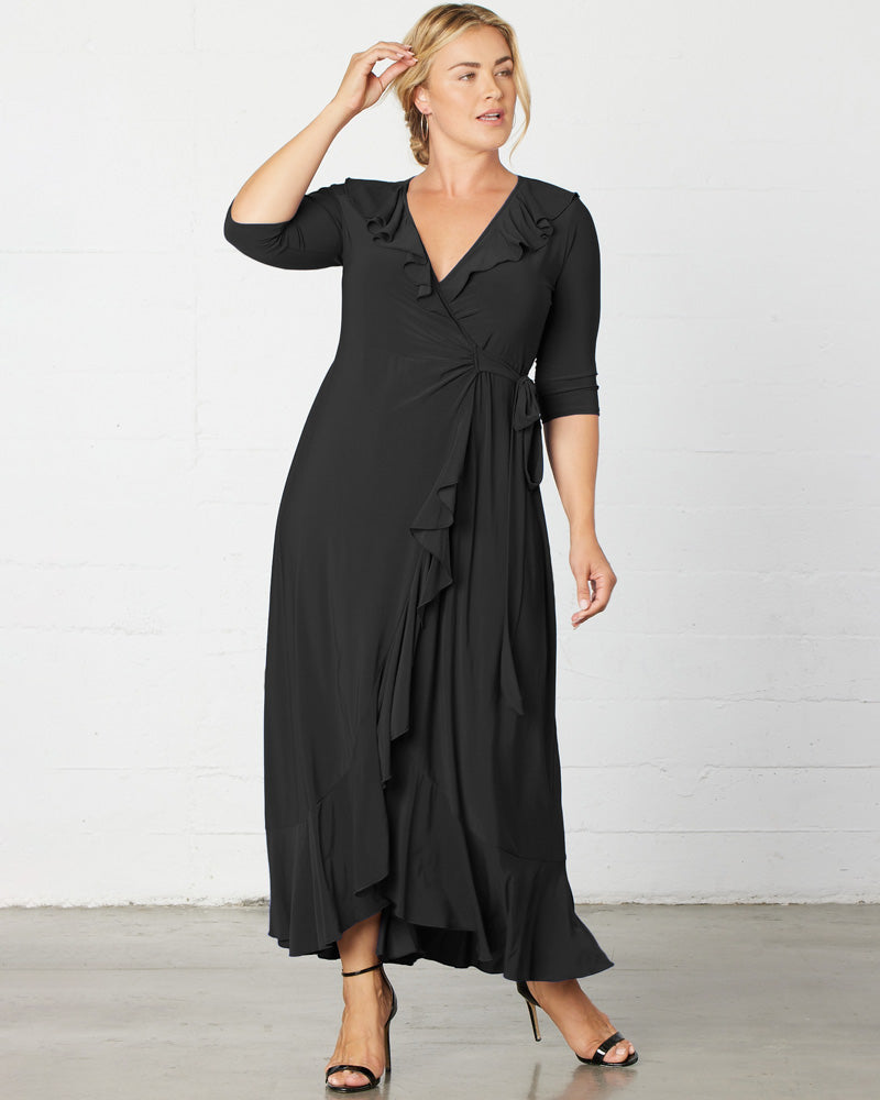 Kiyonna Plus Size Maritime Ruffle Maxi Dress with Sleeves