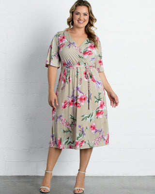 Melody Faux Wrap Dress  in Taupe Floral Print
