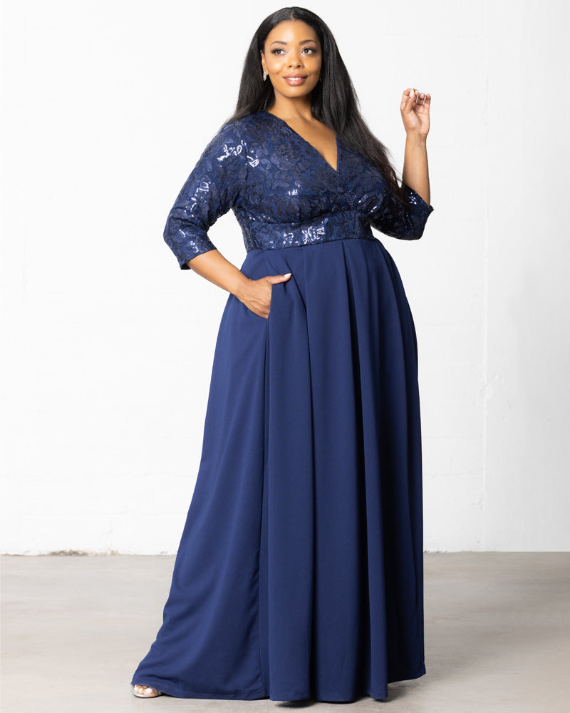 Kiyonna Women's Plus Size Paris Pleated Sequin Gown, Navy Blue, 4X Kiyonna Women's Plus Size Paris Pleated Sequin Gown, Navy Blue, 4X
