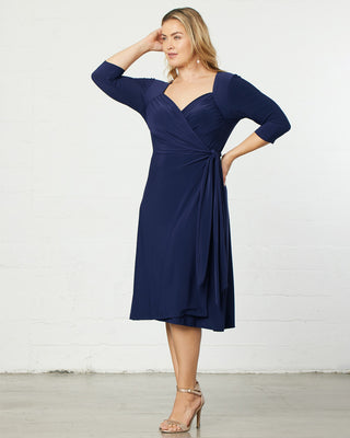 Sweetheart Knit Wrap Dress in Navy Blue