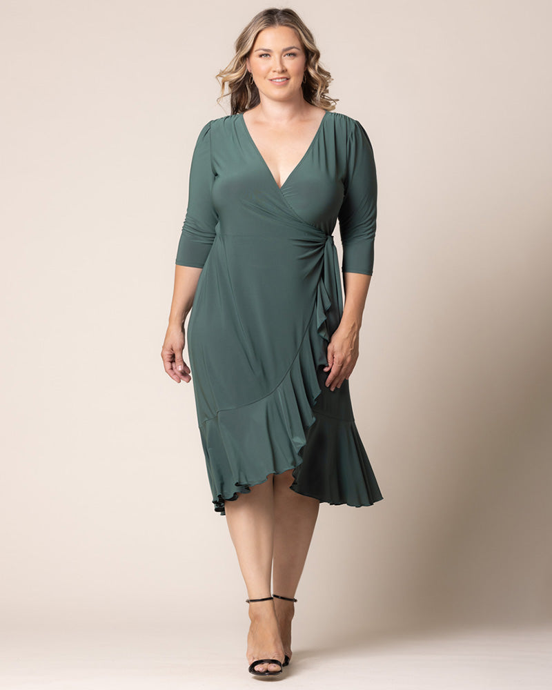Kiyonna Plus Size Whimsy Ruffled Midi Wrap Dress - Fern Green Kiyonna Plus Size Whimsy Ruffled Midi Wrap Dress - Fern Green
