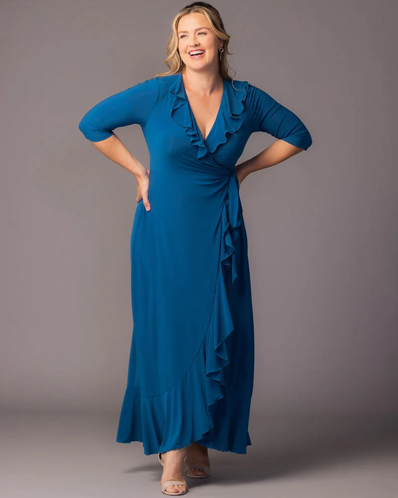 plus size wrap maxi dress Kiyonna Plus Size Maritime Ruffle Maxi Dress with Sleeves