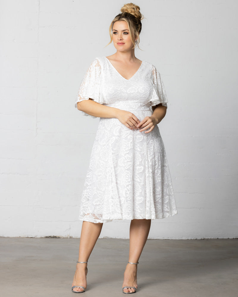 Kiyonna Plus Size Genevieve Lace Flutter Sleeve Midi Dress - Pearl Kiyonna Plus Size Genevieve Lace Flutter Sleeve Midi Dress - Pearl