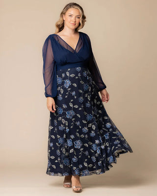 Isabella Embroidered Mesh Gown in Navy Blue Blooms