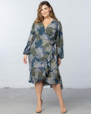 Julia Long Sleeve Wrap Dress in Blue Impressionist Print