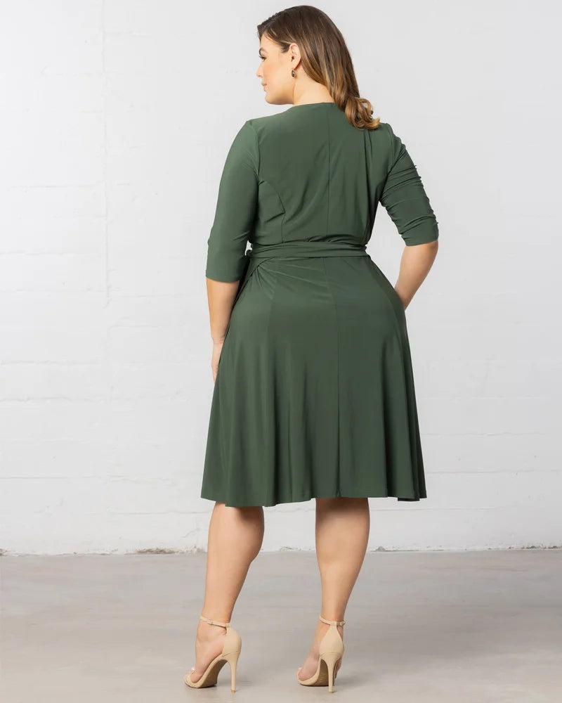 Kiyonna Plus Size Essential Wrap Dress with 3/4 Sleeves - Olive Green Kiyonna Plus Size Essential Wrap Dress with 3/4 Sleeves - Olive Green