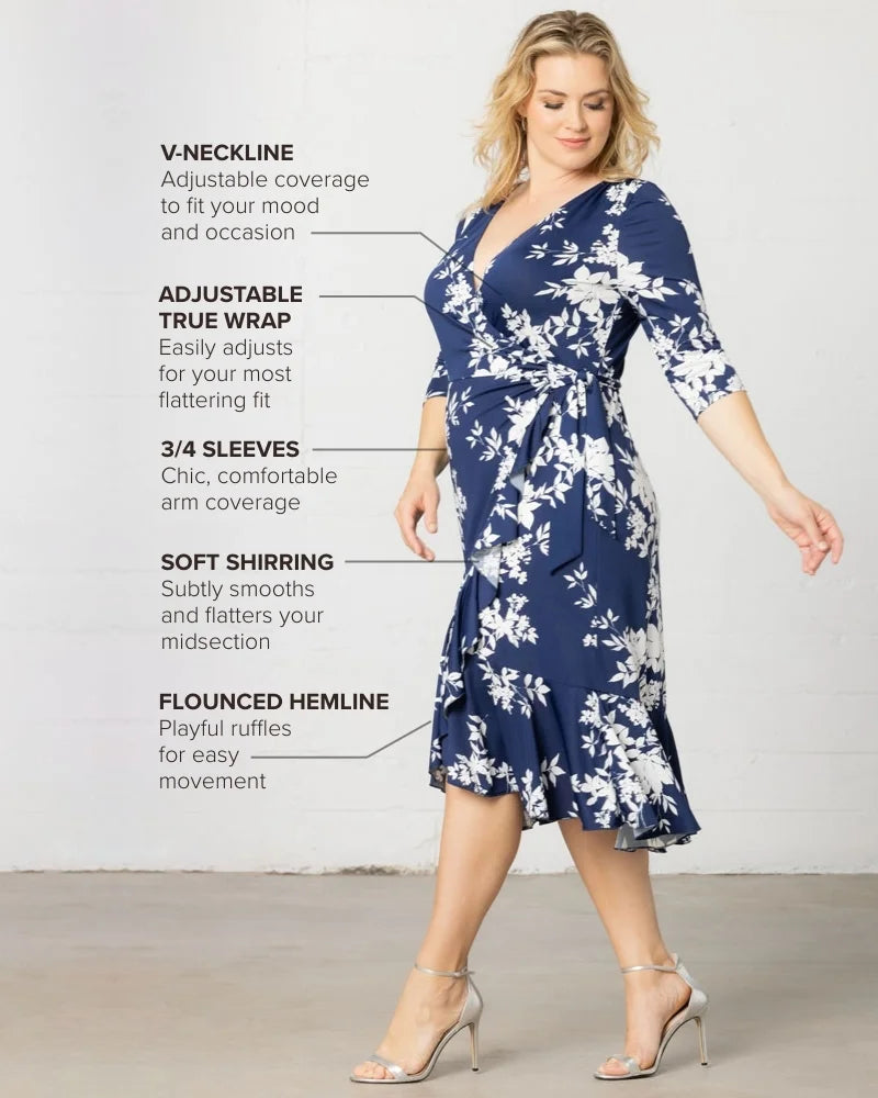 Flirty Flounce Wrap Dress Navy Floral Print / 3X (22-24) Flirty Flounce Wrap Dress Navy Floral Print / 3X (22-24)