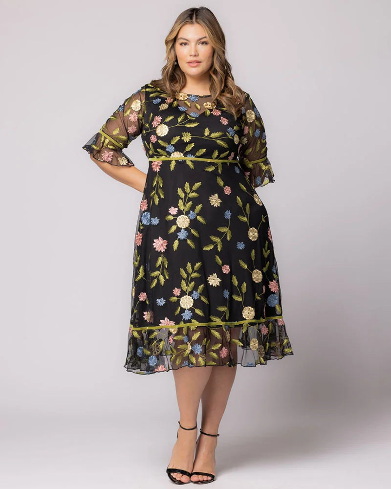Kiyonna Plus Size Wildflower Embroidered Floral Mesh Dress - Black Blossom Print Kiyonna Plus Size Wildflower Embroidered Floral Mesh Dress - Black Blossom Print