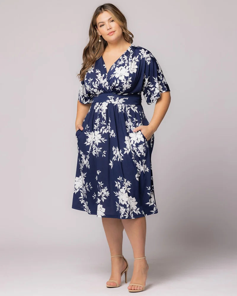 Kiyonna Plus Size Gia A-Line Midi Dress with Pockets - Navy Floral Print