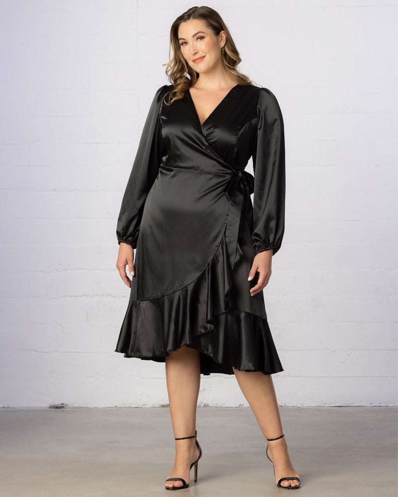 Women's Plus Size Serena Satin Long Sleeve Wrap Dress - Onyx Women's Plus Size Serena Satin Long Sleeve Wrap Dress - Onyx