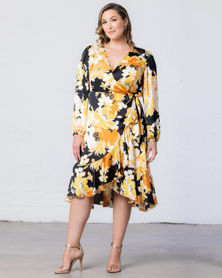 Serena Satin Ruffle Wrap Dress  in Sunset Blooms