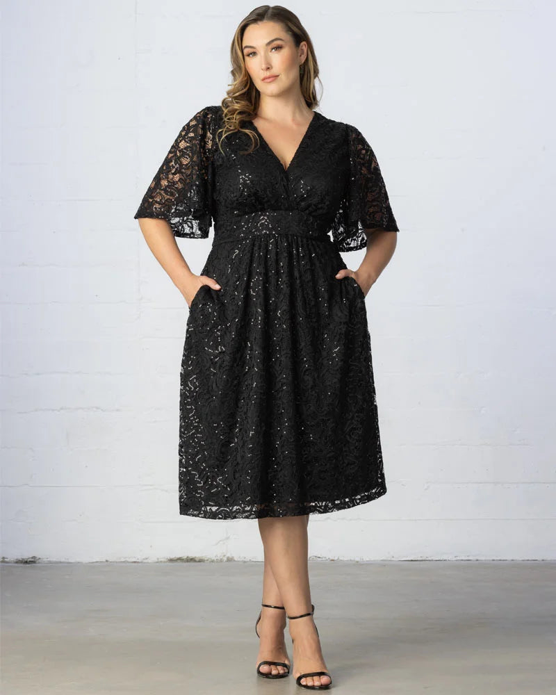 Starry Sequined Lace Cocktail Dress - Plus Navy / 2X Starry Sequined Lace Cocktail Dress - Plus Navy / 2X