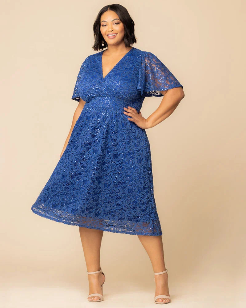 Kiyonna Plus Size Starry Sequin Lace Cocktail Dress - Sapphire