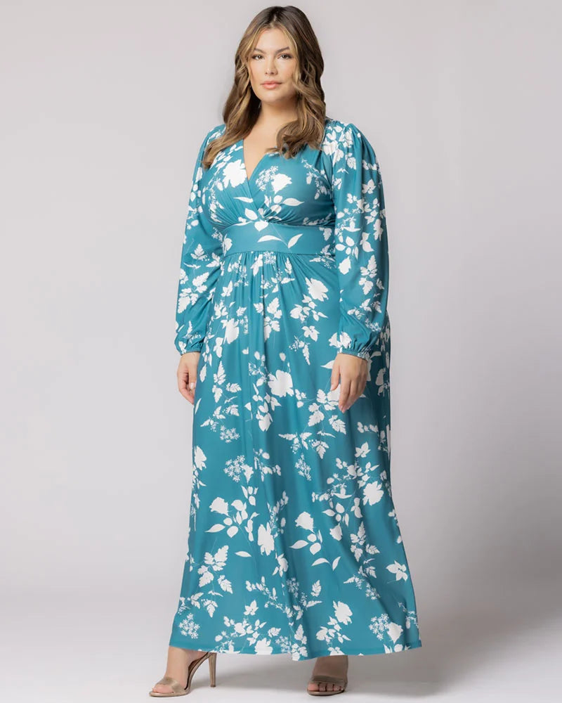 Kiyonna Plus Size Kelsey Long Sleeve Maxi Dress - Aqua Blooms Kiyonna Plus Size Kelsey Long Sleeve Maxi Dress - Aqua Blooms