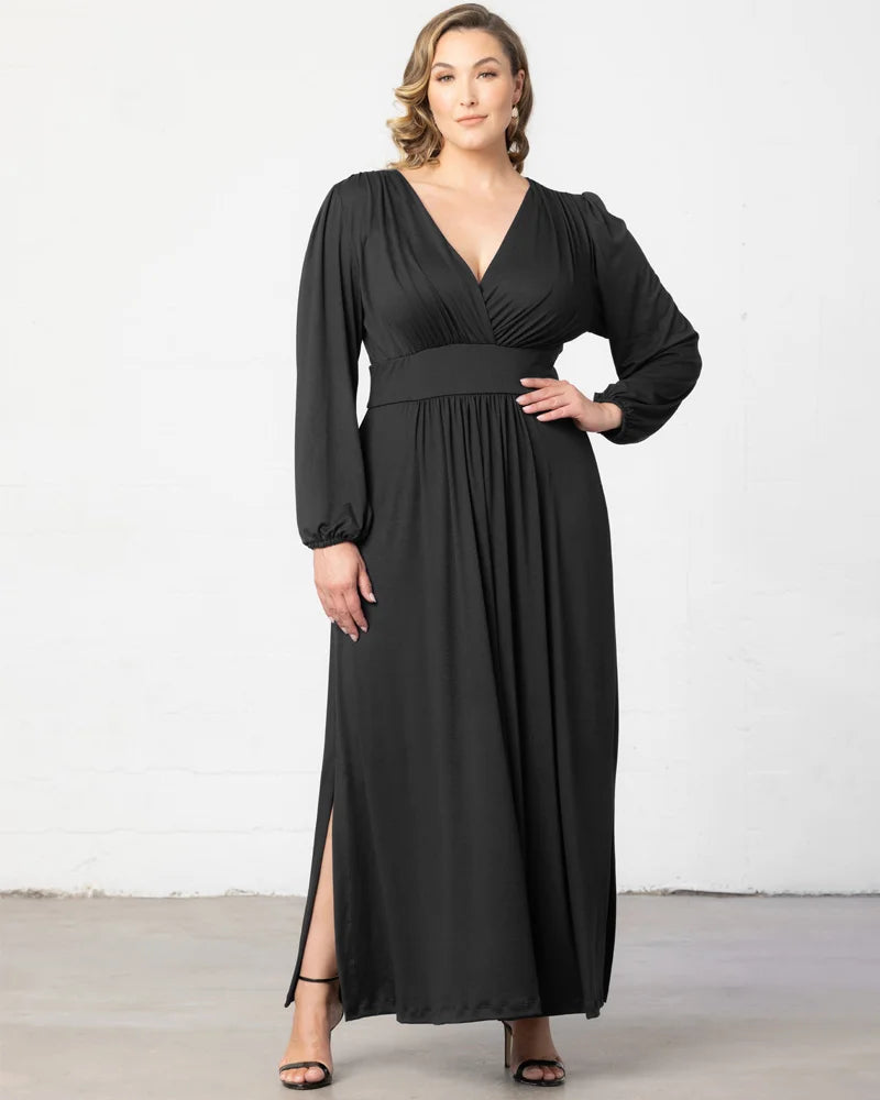 Kiyonna Plus Size Kelsey Long Sleeve Maxi Dress - Black Noir