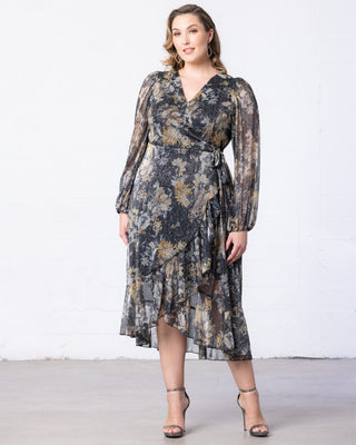 Clara Sparkling Long Sleeve Wrap Dress in Gilded Florals