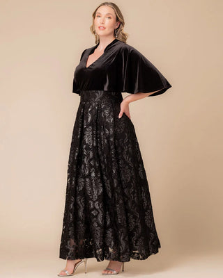 Radiant Opulence Evening Gown in Silver Damask Motif