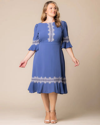 Villa Lace Trim Cocktail Dress in Slate Blue
