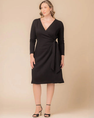 London Sweater Knit Wrap Dress in Black Noir