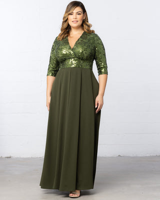 Paris Pleated Sequin Gown in Olive Green