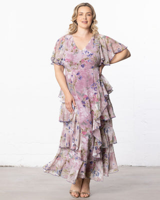 Tour de Flounce Chiffon Evening Gown in Lilac Floral Print