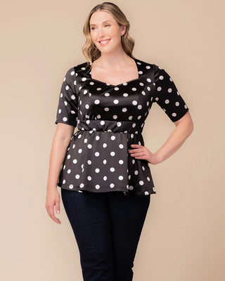 Posh Peplum Top in Black Polka Dot