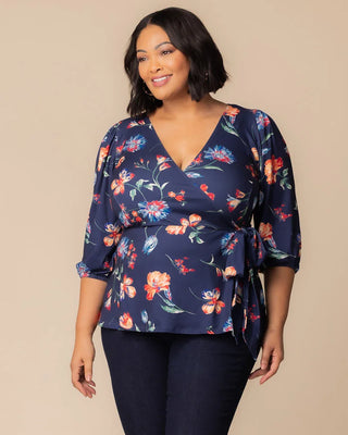 Nina Wrap Top in Vibrant Navy Florals