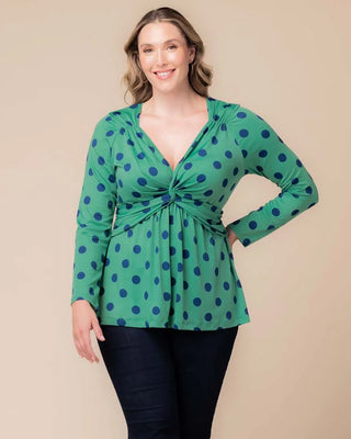 Abigail Long Sleeve Twist Top in Green Polka Dot