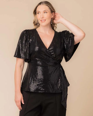 Shimmering Sequin Wrap Top in Onyx