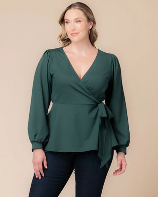 Natasha Long Sleeve Wrap Top in Hunter Green