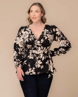 Natasha Long Sleeve Wrap Top in Vintage Ivory Florals