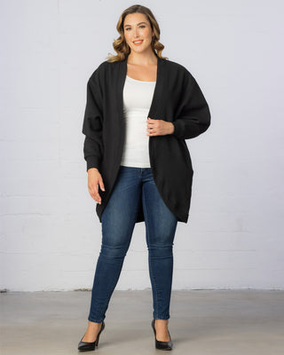 Open Front Faux Fur Cardigan with Pockets in Black