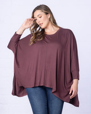 Long Sleeved Hi-Lo Cape Tunic Top in Plum Passion