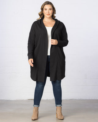 Open Front Longline Hooded Cardigan in Black