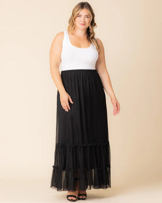 Isla Tiered Mesh Maxi Skirt in Black Noir