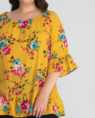Felicity Casual Plus Size Tunic Top in Yellow Floral Print