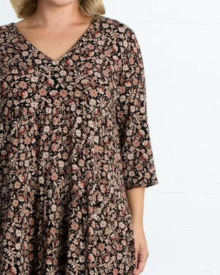 Issy Tiered Tunic Dress  in Black Floral Print