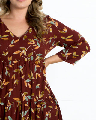 Issy Tiered Tunic Dress  in Warm Leaf Motif