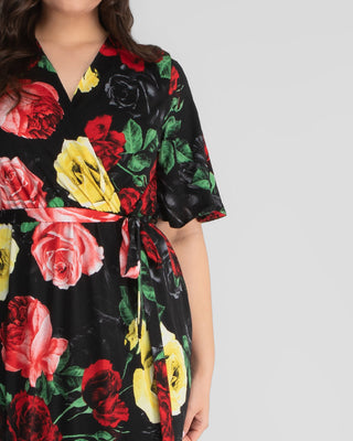 Melody Faux Wrap Dress in Black Floral Print