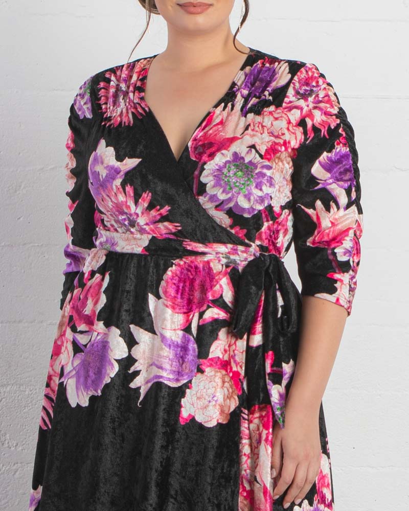 Velvet floral wrap dress cheap