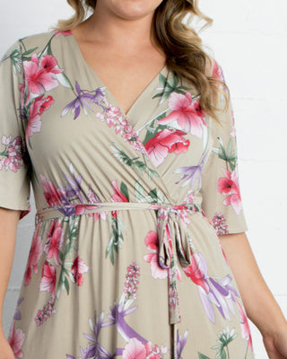 Melody Faux Wrap Dress  in Taupe Floral Print