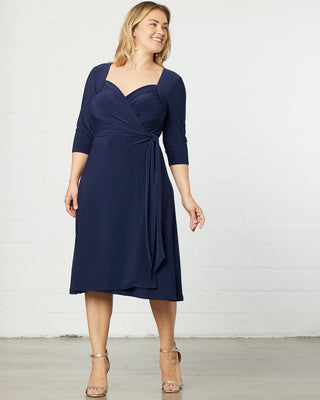 Sweetheart Knit Wrap Dress in Navy Blue