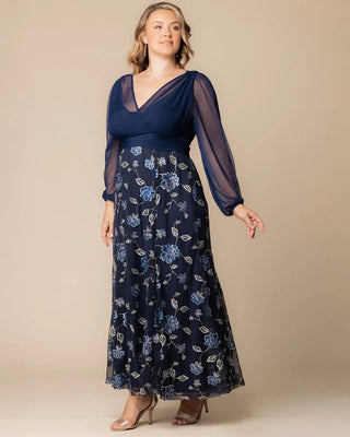 Isabella Embroidered Mesh Gown in Navy Blue Blooms