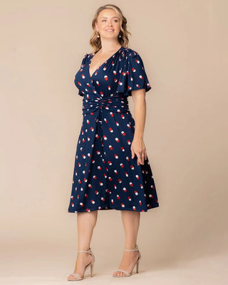 Jemma Ruched Tie Dress in Navy Dot Duo