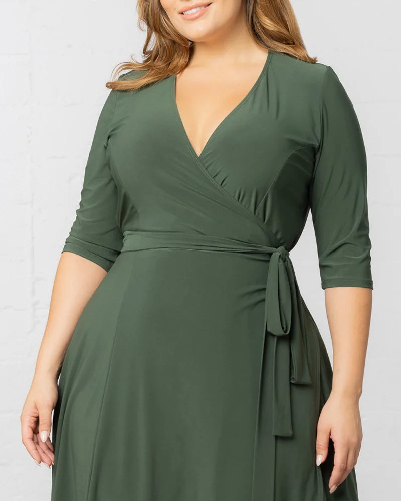 Kiyonna Plus Size Essential Wrap Dress with 3/4 Sleeves Kiyonna Plus Size Essential Wrap Dress with 3/4 Sleeves