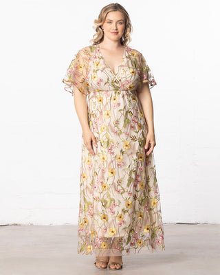 Embroidered Elegance Evening Gown in Sunkissed Garden Print